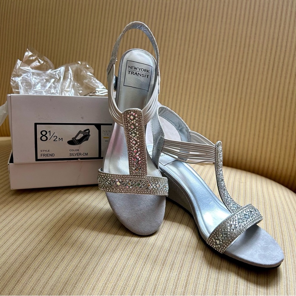 NWT New York Transit Sparkly Silver T-Strap Wedge Dress Sandals